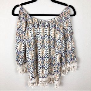 Moa Moa Colorful Cold Shoulder Blouse W/ Fringe